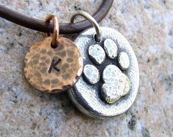 Custom Pet Name Necklace, Paw Print, Mixed Metal, Memorial Necklace, Rustic Jewelry, Dog Lover Gift, Cat Jewelry, handcast pewter and copper