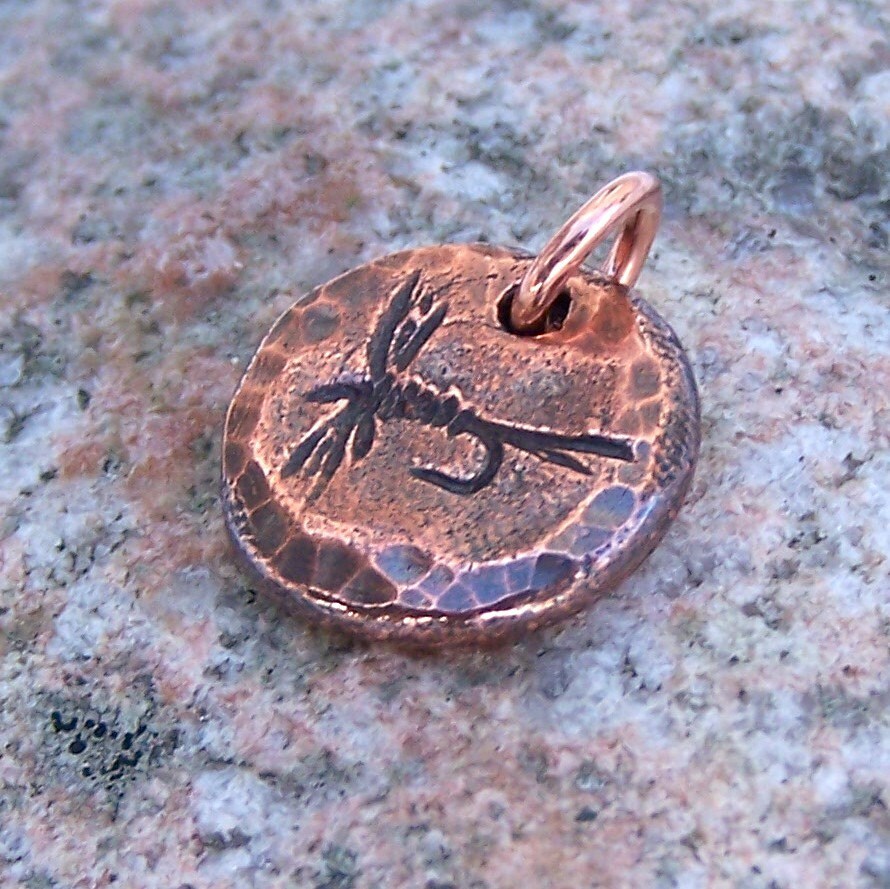Copper Fly Fishing Pendant Rustic Jewelry recessed design