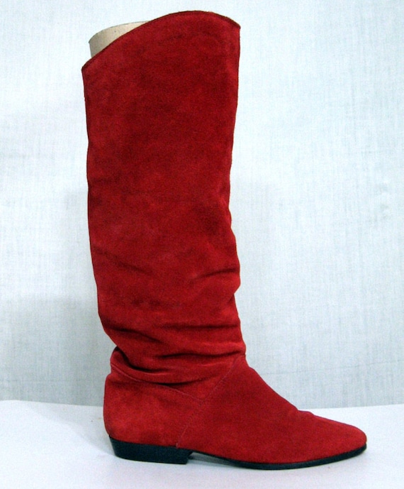 red flat suede boots