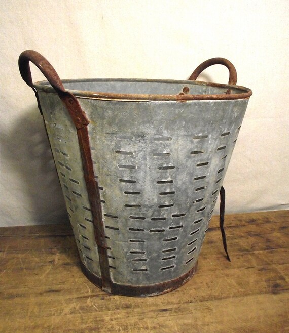 Vintage Olive Bucket from Europe Galvanized Large Rusty Bucket