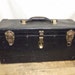 Vintage Industrial Tool Box with hinged lid and removable wood tray, Industrial Unique Manufacturers Sample Case