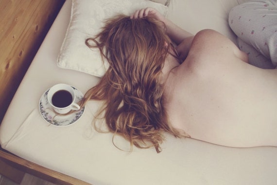 On Your Side - approx 10x15cm / 4x6in glossy fine art print - loneliness, morning, bed, coffee, tea, cup, redhead, alone, sad, fpoe