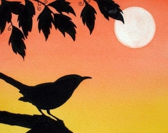 5x7 Acrylic Bird Painting Moonlight Bird Silhouette