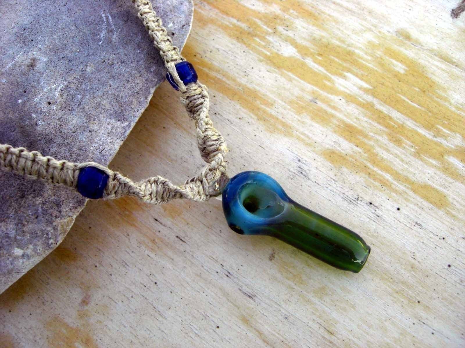 Up in Smoke Blue Glass Pipe Pendant on Hemp Necklace Last