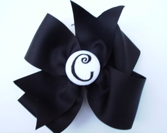 Button Initial, Hair Bow, Black Custom, Boutique Gift, Monogram, Monogrammed, Monogramming, Font, Uniform Halloween, Accessories, Embroidery