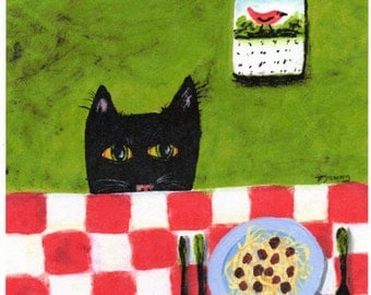 Black Cat SPAGHETTI CAT Outsider folk art print by Todd Young