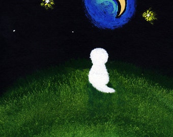 Maltese Dog Bichon Frise Shih Tzu Outsider Folk art print by Todd Young Moon over Hill