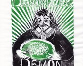Descartes Demon Linocut - Imaginary Friends of Science Collection - René Descartes Daemon with Brain in Vat Philosophy History Science Print