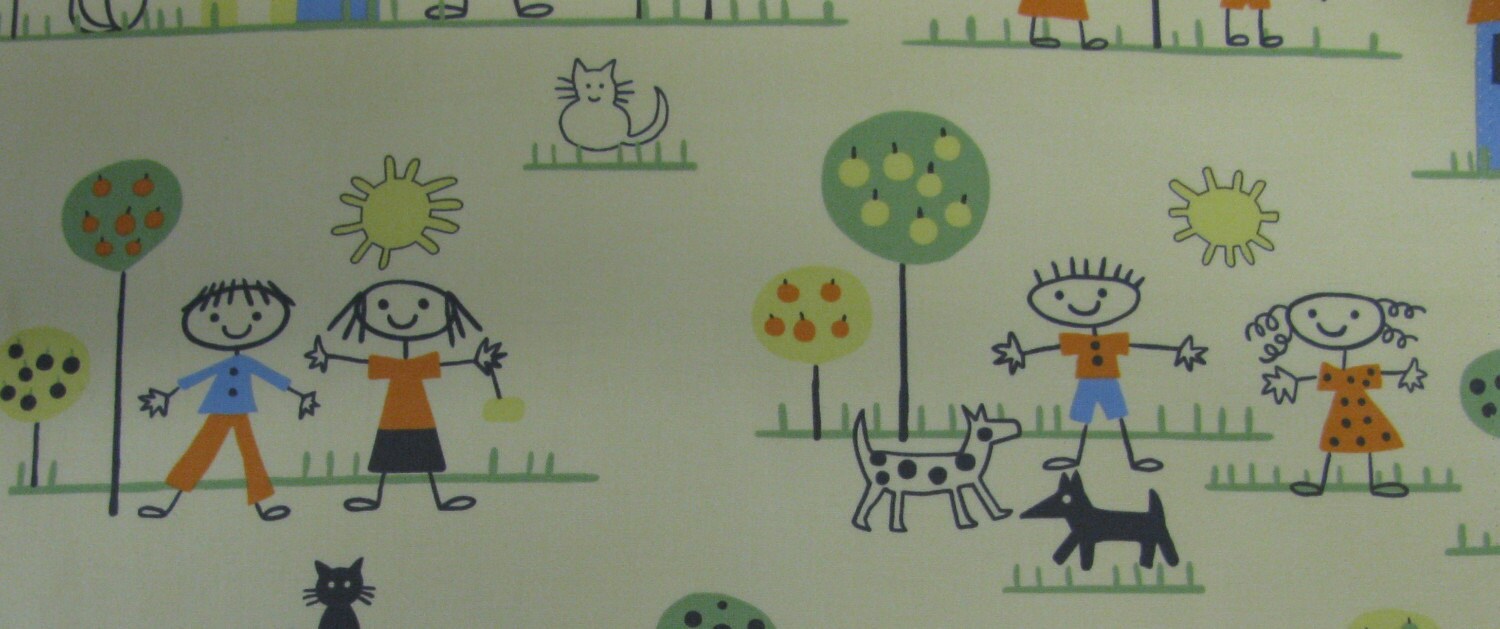KID STICK FIGURE PRINT all cotton fabric 3YD CUT