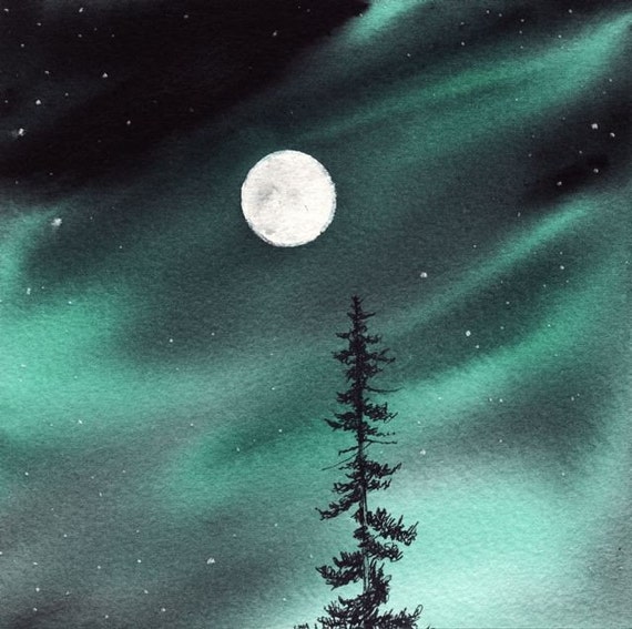 WATERCOLOR northern lights pine moon ORIGINAL PAINTING 6x6