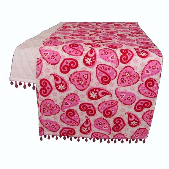 made Runner and Table  of Hearts Valentine Pink  Red out flowers  Paisley table runner