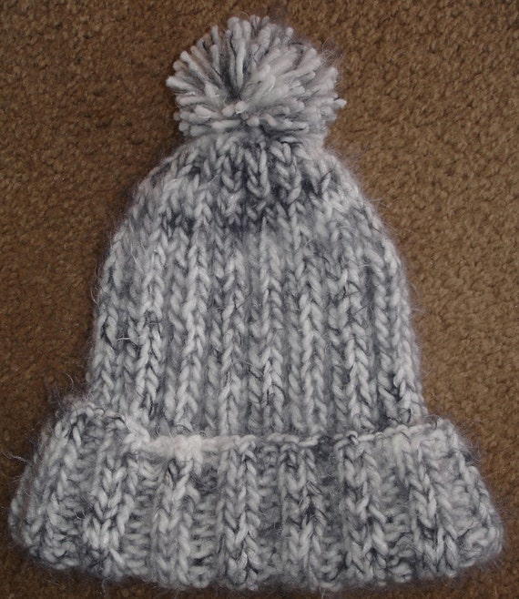 Black and White Angel Hair Knit Hat with Pompom by ...
