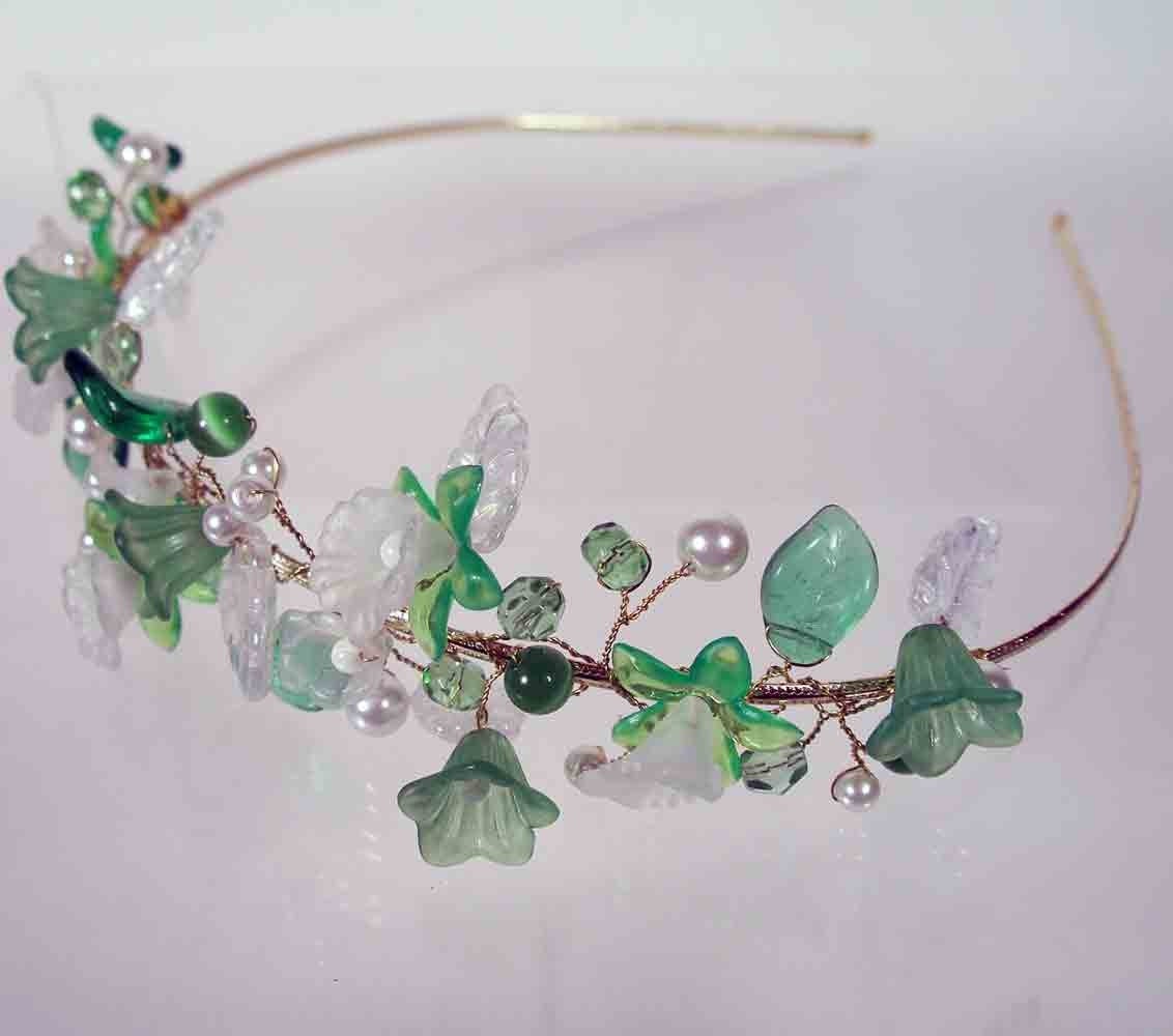 CRYSTAL GREEN Thin Gold Headband with Vines of Green and White