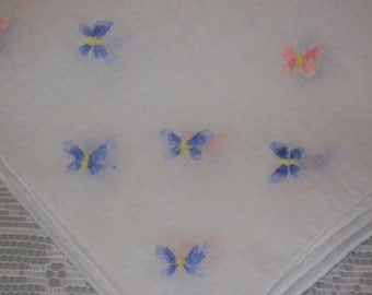 Cutest Pink & Blue Embroidered BUTTERFLIES Vintage Hankie Hanky Handkerchief