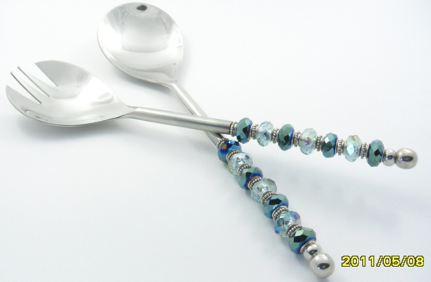 424 Stainless Beaded Salad Server Set by blackcatzdesign on Etsy