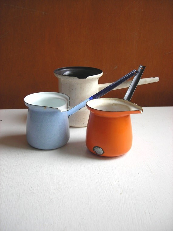 Vintage Enamelware Butter Warmer Pots Danish Modern