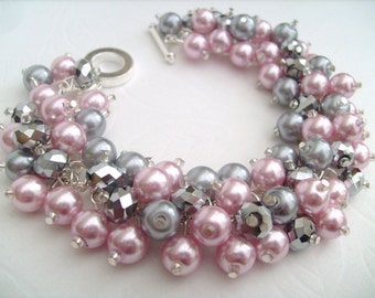 Set of 3 - Pink and Silver Bracelet, Pearl Bracelet, Bridesmaids Bracelet, Beaded Bracelet, Cluster Bracelet, Pearl Bracelet - Kim Smith