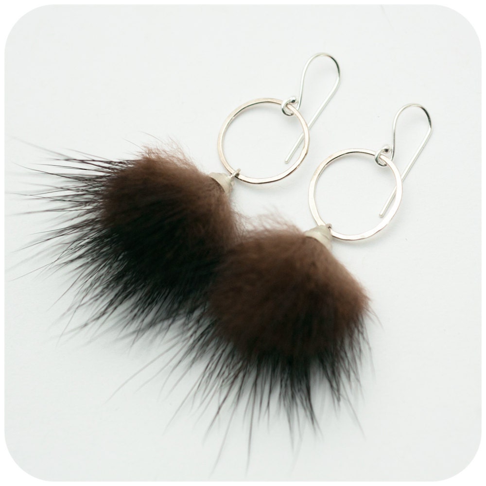 Furry Pom Pom Sterling Silver and Recycled Mink Fur Earrings