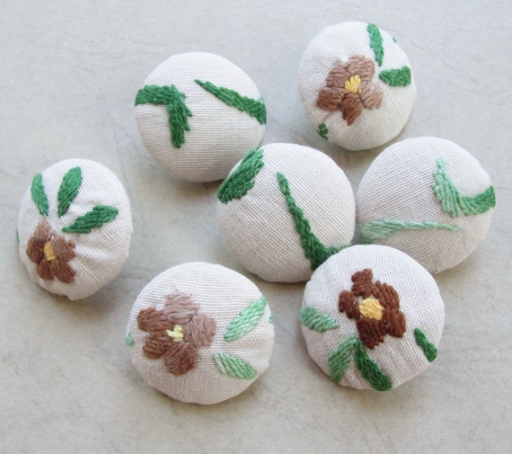 Fabric Covered Buttons Hand Embroidered Vintage Cotton 7pc