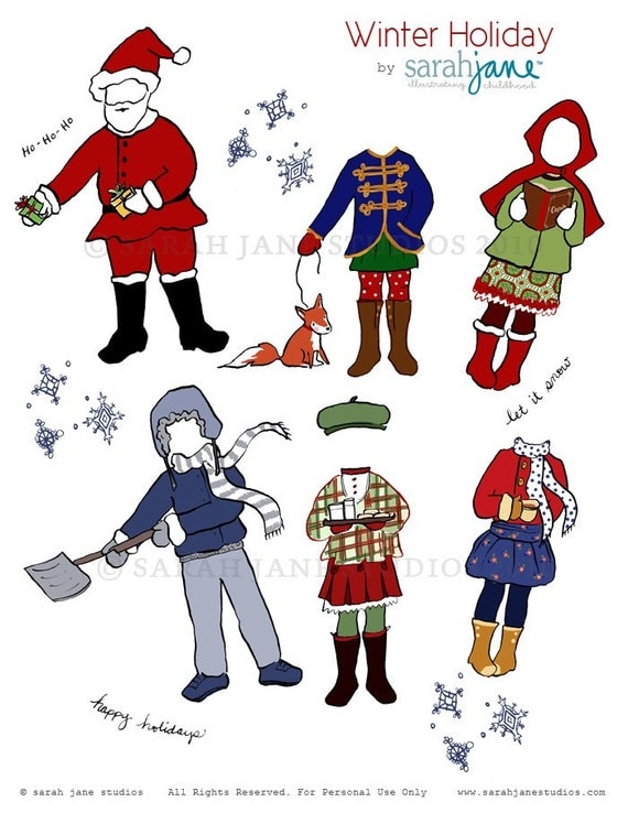 Paper Dolls PDF Printable Winter Days 6 dolls and