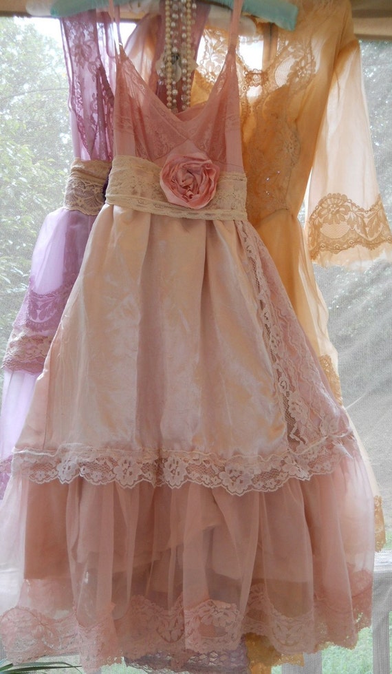 Pink silk lace baby doll slip dress rose Medium by vintageopulence