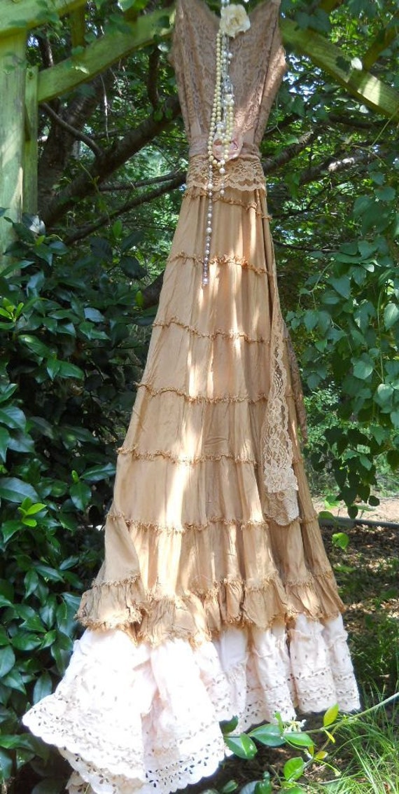 Tea stained beige tiered cotton lace embroidery maxi dress