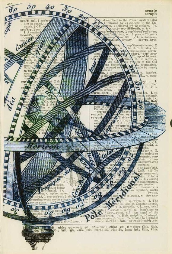 ancient celestial globe (eastern hemisphere) printed on 75 year old page from dictionary