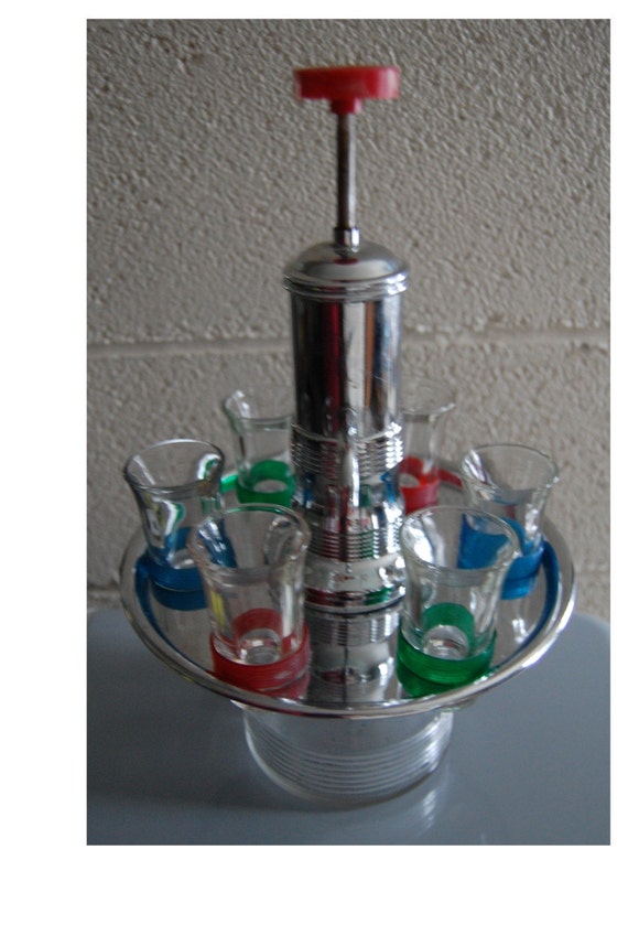 Chrome Liquor Dispenser With 6 Shot Glasses