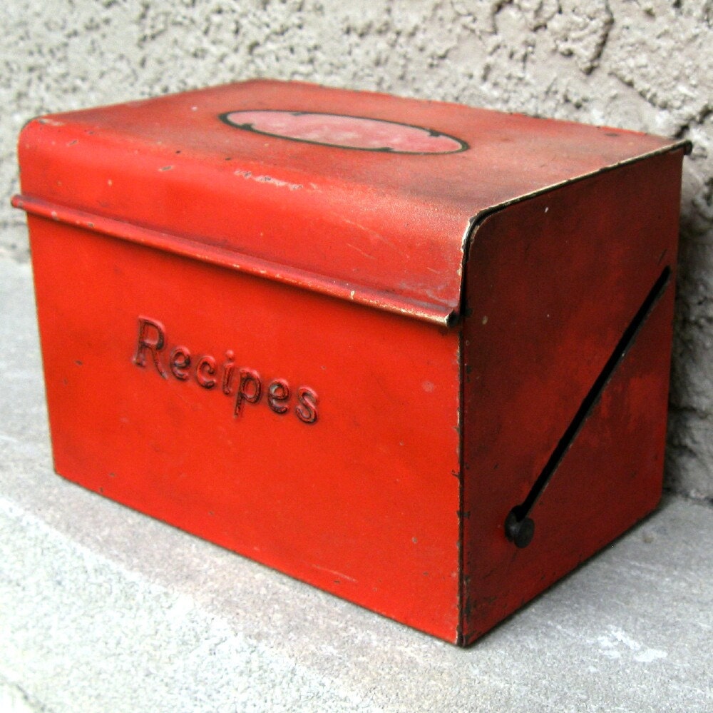 Vintage Metal Recipe Box in Orange Antique