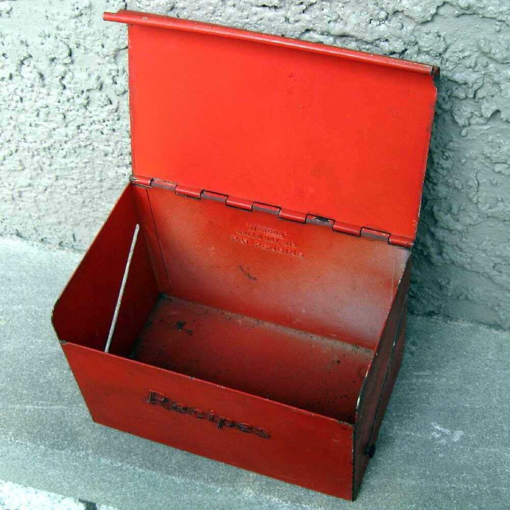Vintage Metal Recipe Box in Orange Antique