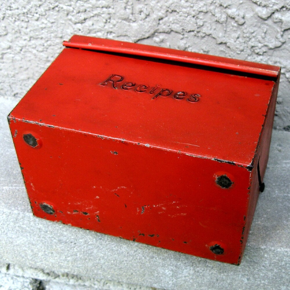 Vintage Metal Recipe Box in Orange Antique