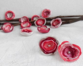 12 Handmade small fabric flowers in light pink, dusty pink, coral and cream