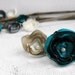 12 Handmade small fabric flowers in teal, cream, silver grey and beige