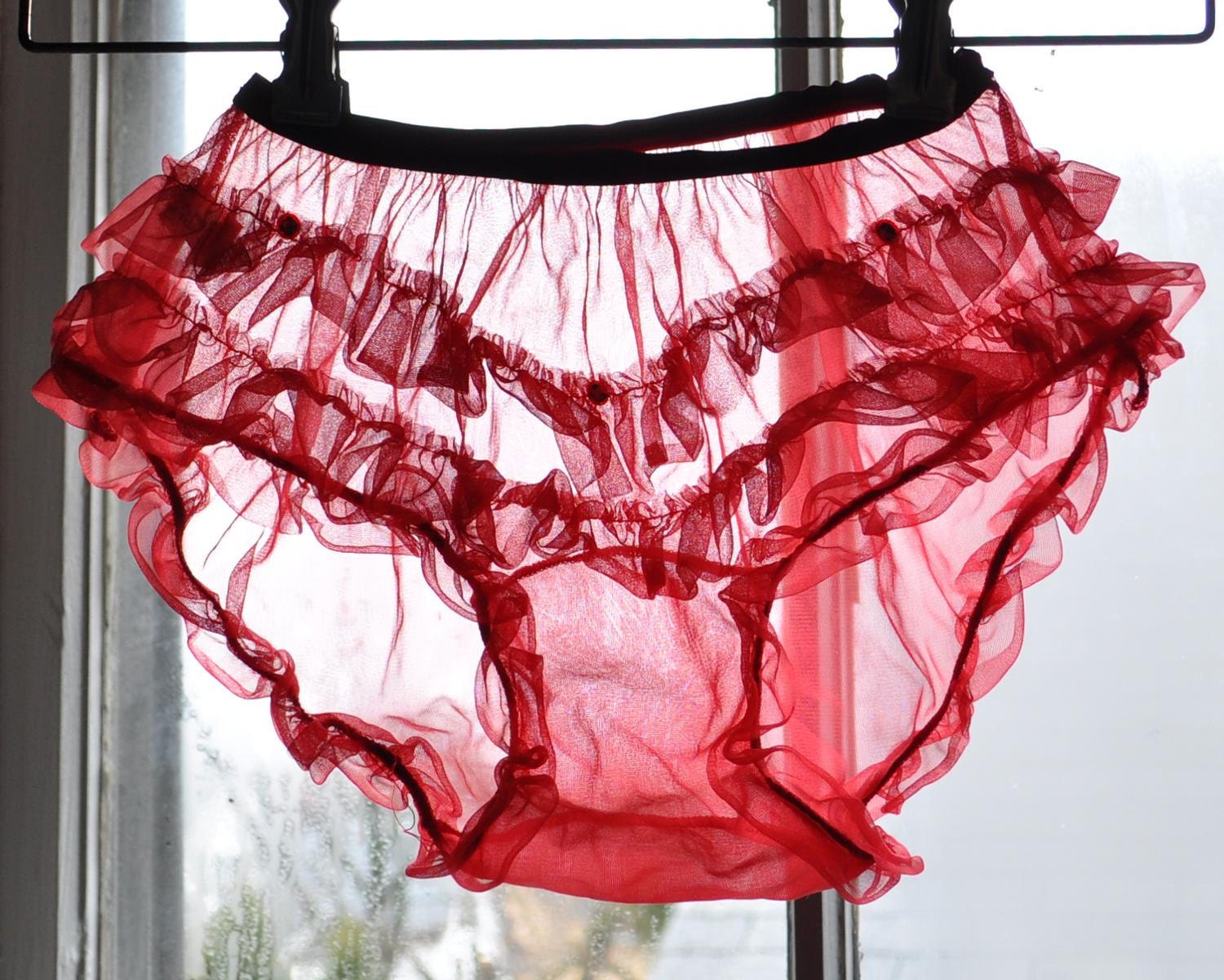 Vintage 50s Red Hot Ruffled Sheer Panties With Rhinestones 6250