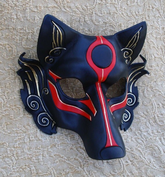 Black Okami leather mask ...handmade Japanese wolf mask