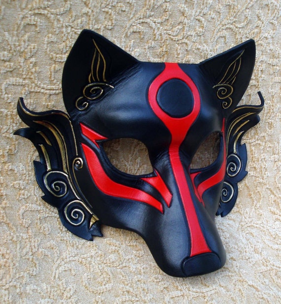 Black Okami leather mask ...handmade Japanese wolf mask