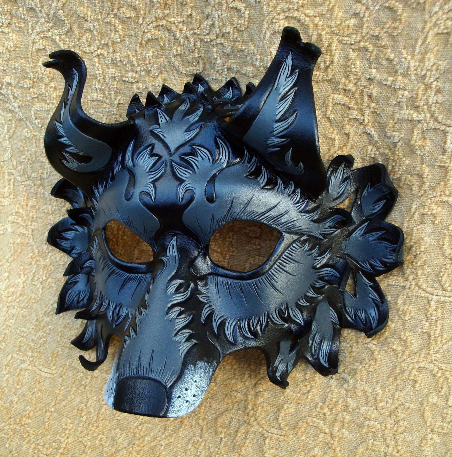 Black Fantasy Wolf Mask... Handmade Leather Wolf Mask