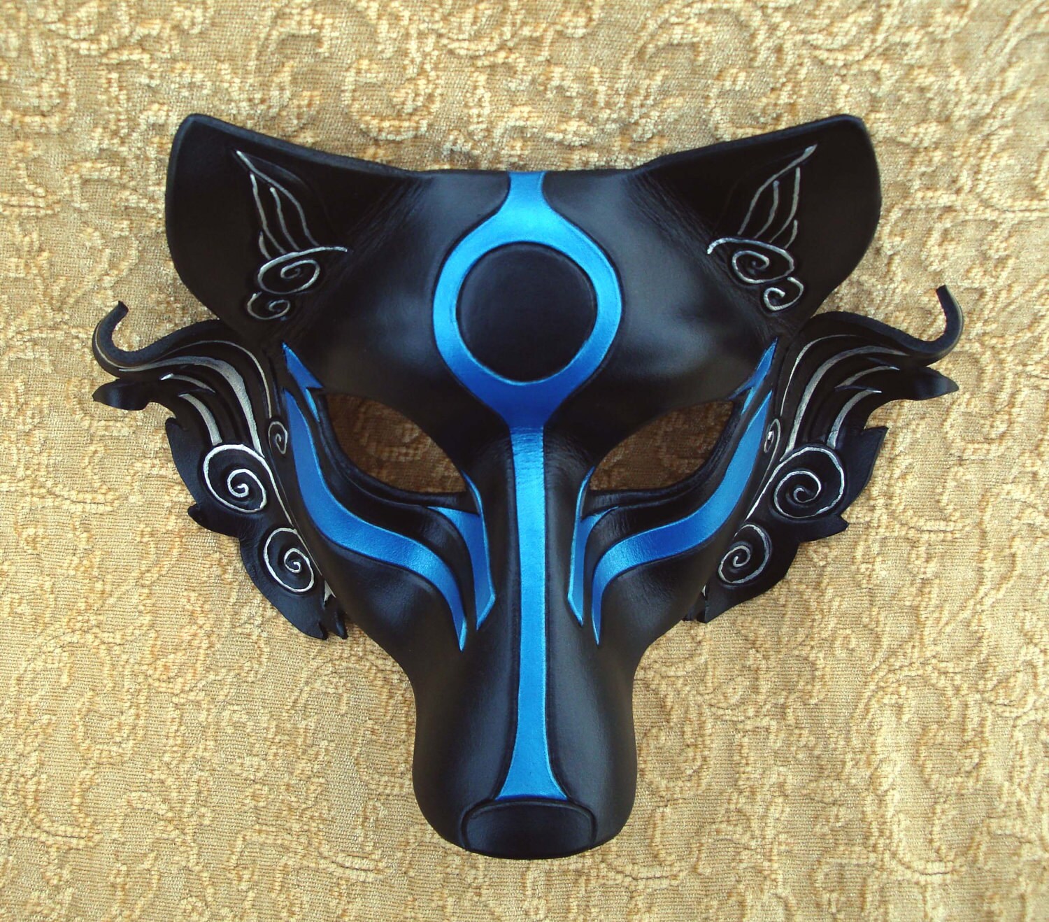 Black Okami leather mask ...handmade Japanese wolf mask in
