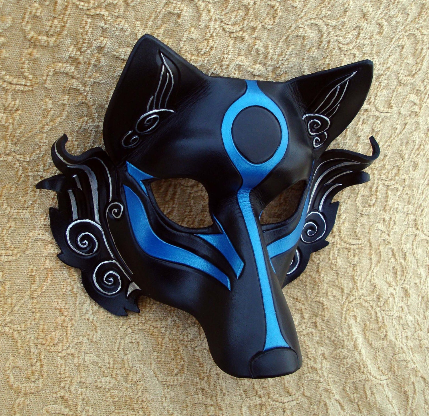 Black Okami leather mask ...handmade Japanese wolf mask in
