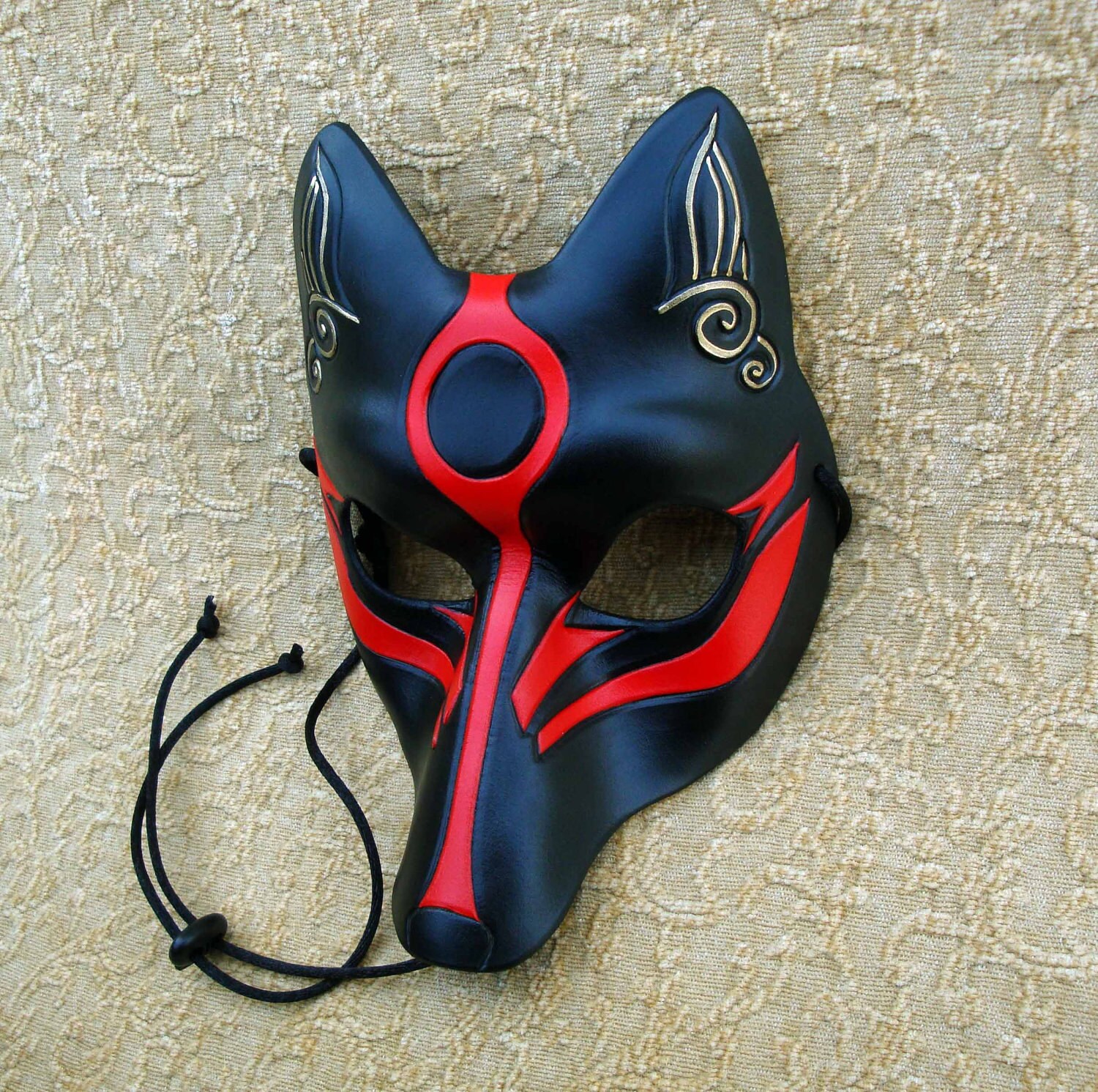 Black Okami Kitsune Mask... Japanese Fox Leather Mask