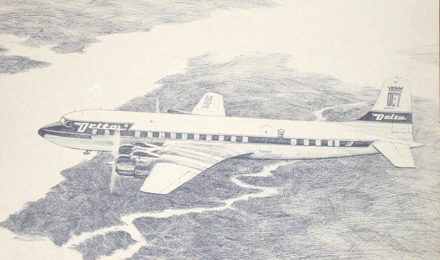 Vintage Delta Aircraft Line Drawing DC 7