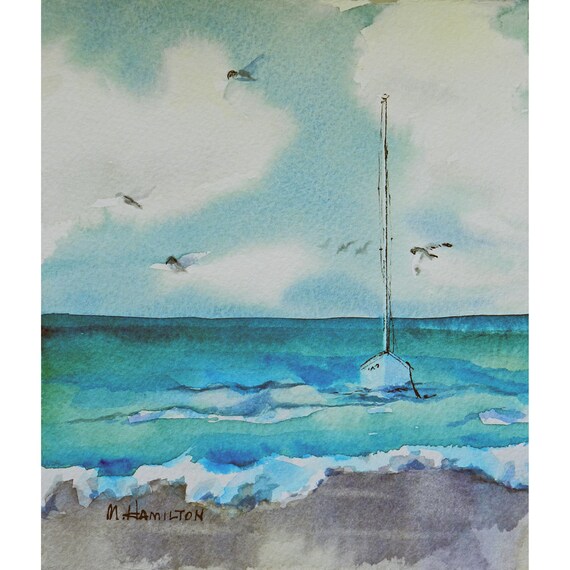 Wall Art Marine Art Moody Sky Beach Sailboat Moored Birds