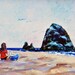 ACEO magnet, beach, Limited Edition, Castle Builder, little girl, sand castle, Haystack Rock, Pacific Ocean, 2 1/2" x 3 1/2"