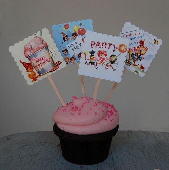cupcake  PICKS TOPPER RETRO BIRTHDAY birthday vintage CUPCAKE