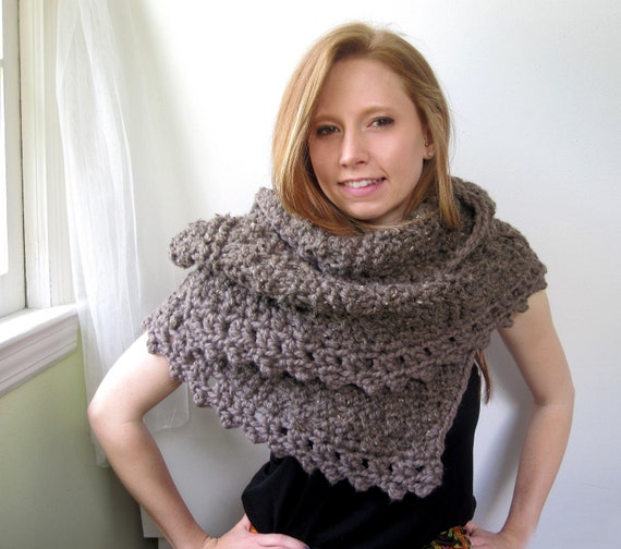 Items similar to Brown Knitted Shawl with Crochet. Modern. Chunky ...