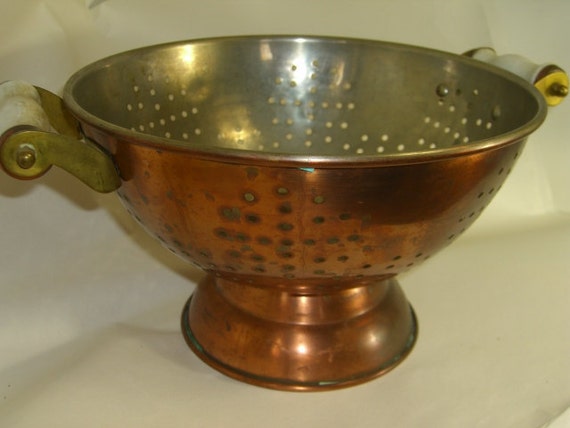 Copper Colander with Brass & Porcelain Handles by amourdcru