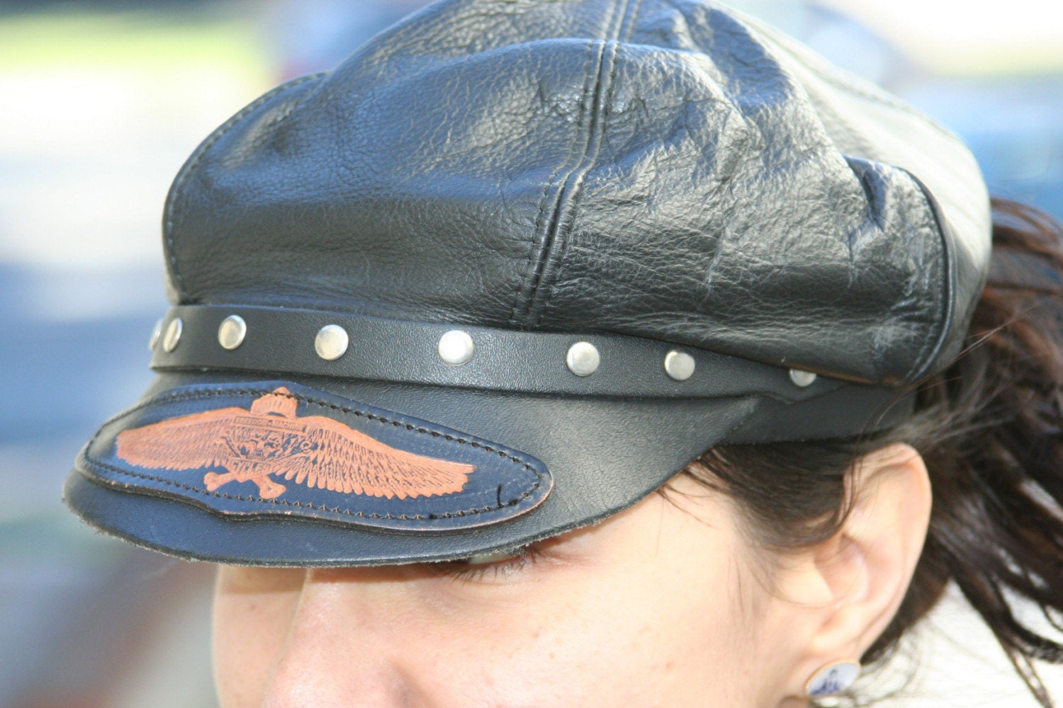 Very rare Motorcycle HARLEY vintage 70s black leather hat