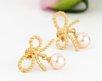 Wedding Earrings - Blush Gold Earrings - Gold Bow Earrings - Pearl Earrings - Bridal Earrings - Bridesmaids Gifts - Gift For Woman