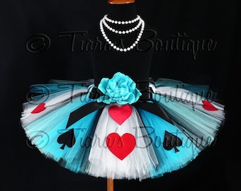 Girls Birthday Tutu, Alice in Wonderland Tutu, Alice of Hearts, Sewn Costume Tutu, Blue White Tutu, Tea Party Tutu, Tutu Set, Halloween Tutu