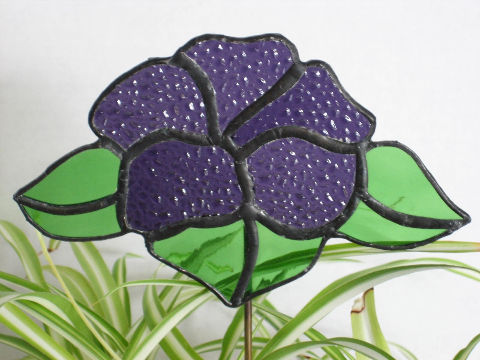 Deep Dark Purple Stained Glass Flower Stake Garden Stake